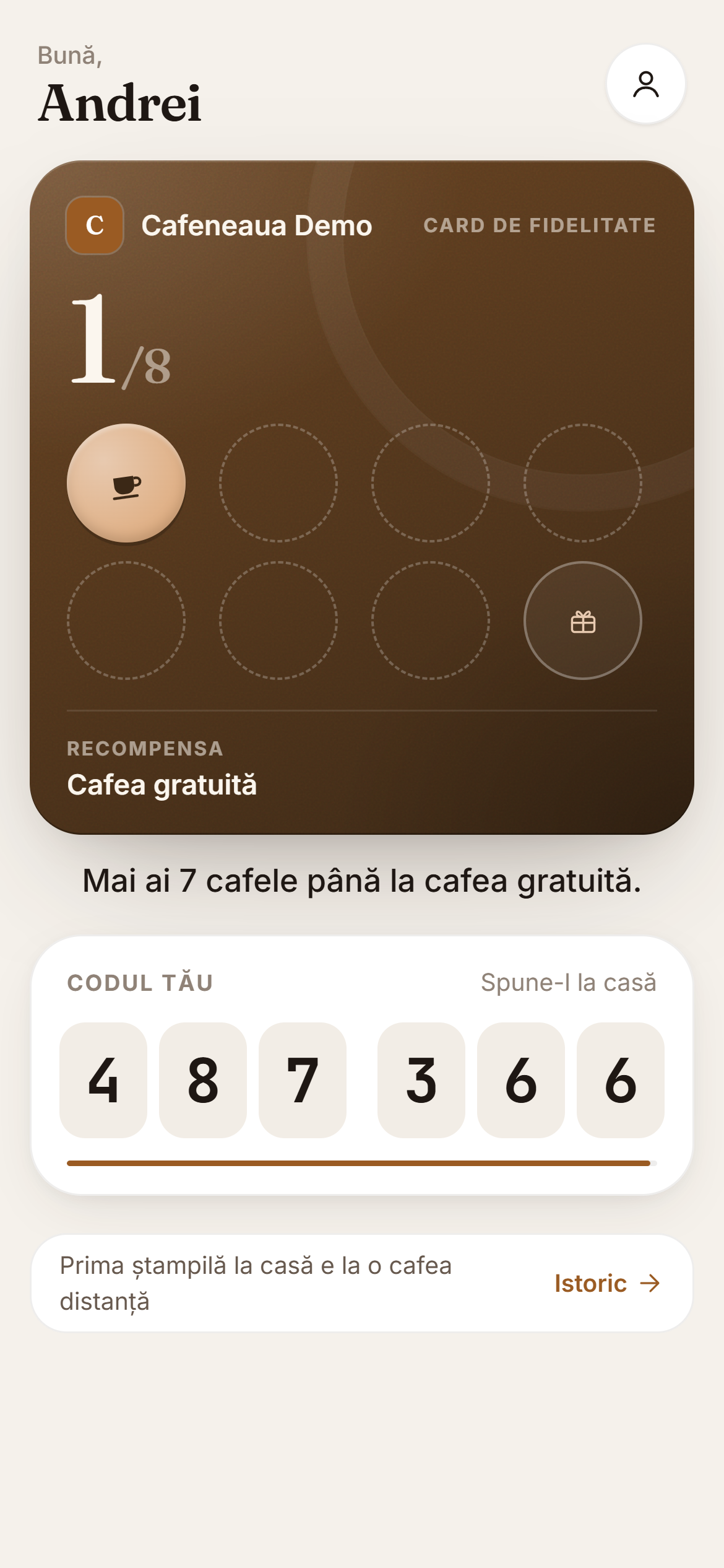 Cardul proaspăt creat, cu ștampila de bun venit și codul de 6 cifre.