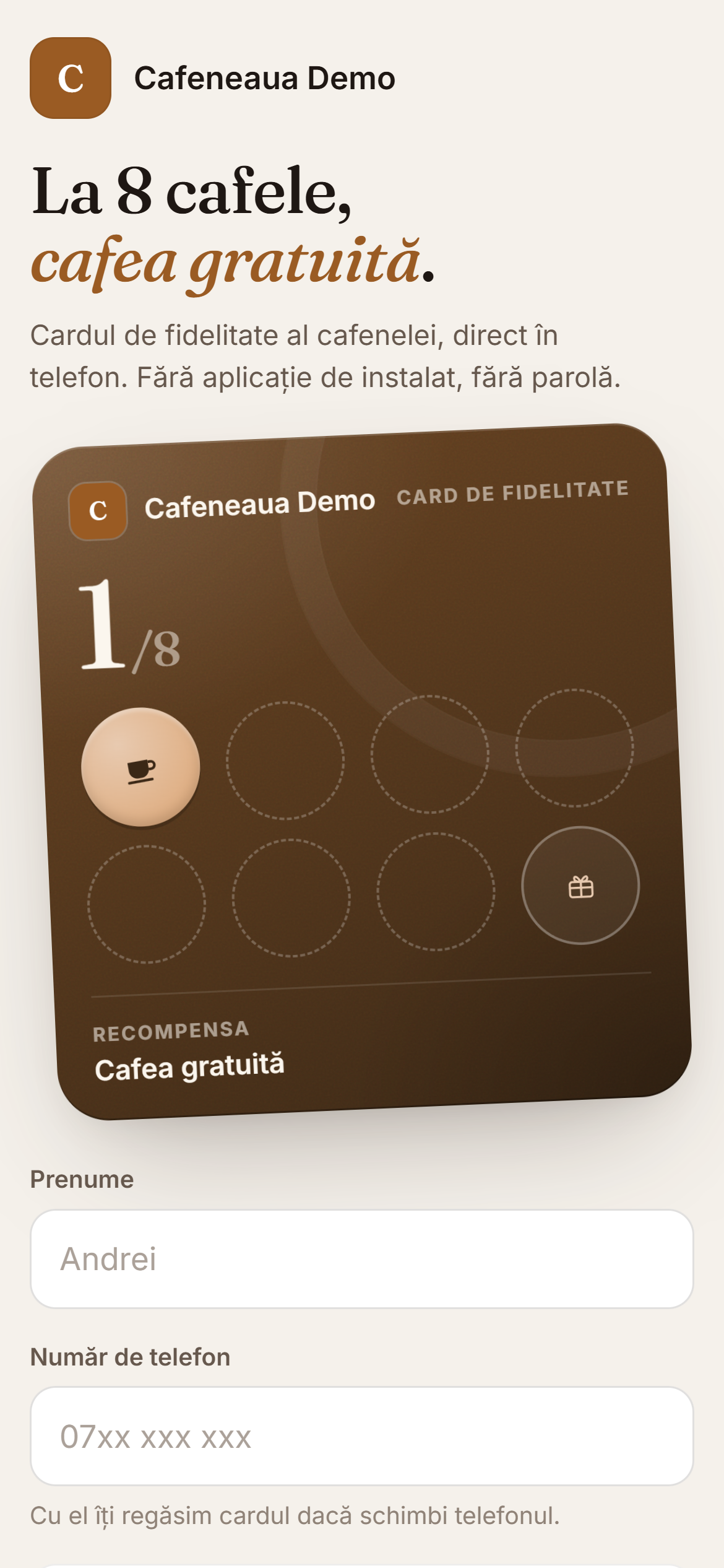 Ecranul de înscriere: prenume, număr de telefon și previzualizarea cardului.